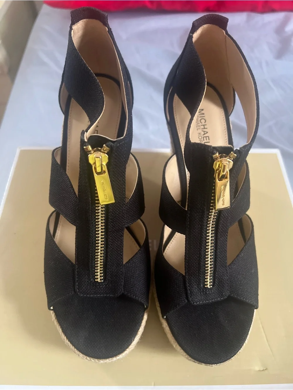 MICHAEL Michael Kors Black Wedge Sandals with Gold Zipper Detail